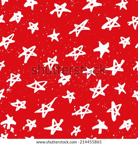 Seamless pattern with hand drawn stars. Abstract ink stars background. Red and white abstract ornament with stars.