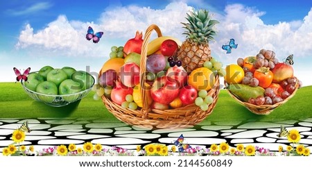Composition with fruits in wicker basket. fruit pictures on a beautiful background.
