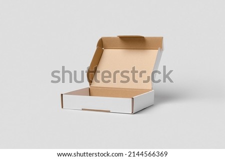 Cardboard postal, mailing box mockup with opened lid. Royalty-Free Stock Photo #2144566369
