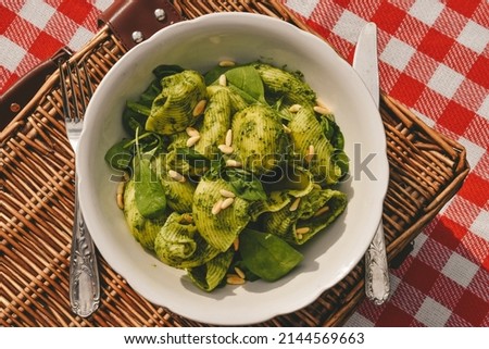Close-up picture of homemade italian pasta with green sauce made from green vegetables and herbs: fresh spinach, mint, basil and pine nuts.