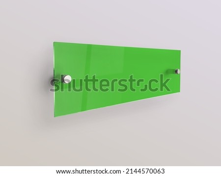Wide rectangle green glass nameplate plate on spacer metal holders. Clear printing board for branding. Acrilic advertising signboard on white background mock-up side view. proportional 1 to 3.
