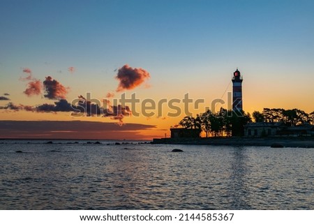 Shepelevsky lighthouse, early morning, Leningrad region, Gulf of Finland, Russia, Baltic sea Royalty-Free Stock Photo #2144585367