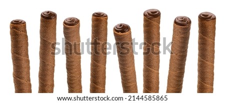 Chocolate waffle sticks isolated on white background Royalty-Free Stock Photo #2144585865