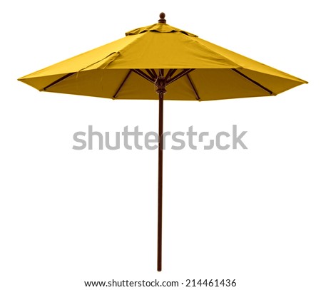 Yellow beach umbrella isolated on white. Clipping path included. Royalty-Free Stock Photo #214461436