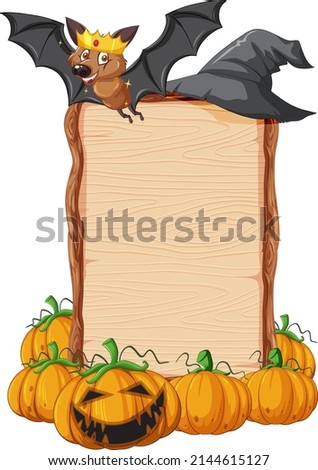 Blank wooden signboard with bat in halloween theme illustration