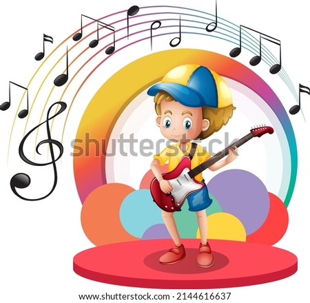 Cute boy playing guitar cartoon illustration