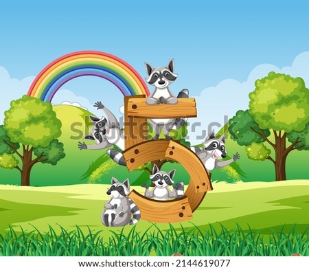 Five raccoons attached to number five illustration