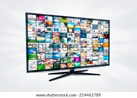 Widescreen high definition TV screen with video gallery. Television and internet concept 
