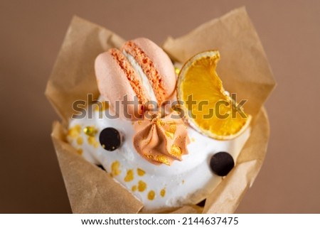 Easter cake, great design for any purposes. Happy easter holiday. Home kitchen background. Easter eggs, rabbit. Food background. Beige background. 