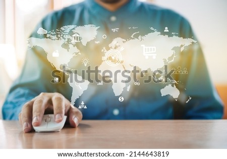 Businessman using conputer program analyzing sales data and economic growth graph chart, Technology and icon customer global network connection. Business strategy. Innovative. Digital marketing. 