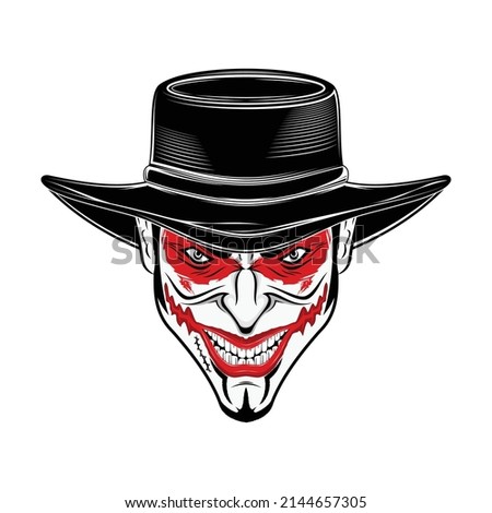 Drawing of the joker's head in a cowboy hat. Comedian. Cheerful clown. Spiteful actor. The drawing for design. Black tattoo. Vector illustrations for t shirt print.