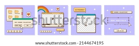 Set of vaporwave ig post templates for social media. Abstract retro 80s 90s aesthetic groovy backgrounds with old computer user interface, dialog window and nostalgic elements. Vector illustration. Royalty-Free Stock Photo #2144674195