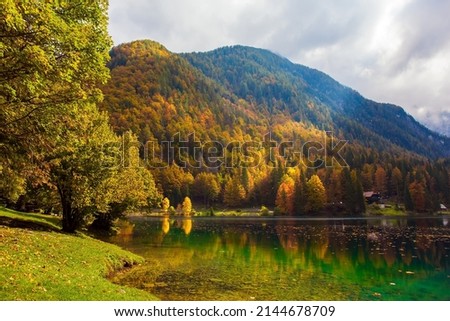 Lake Fuzine in Northern Italy. The Dolomites are covered with clouds. Orange and yellow trees are reflected in the green smooth water. Magnificent colors of autumn. 