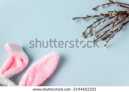 plush rabbit ears, willow branches on a blue background, copy space, flat lay