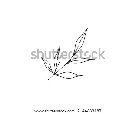 Vector isolated single twig branch with five leaves colorless black and white contour line drawing