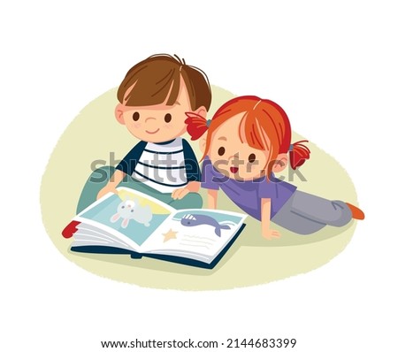 Cute boy and girl sitting on the floor and reading book, magazine with pleasure and curiosity. Reading for fun. Isolated vector illustration. Royalty-Free Stock Photo #2144683399