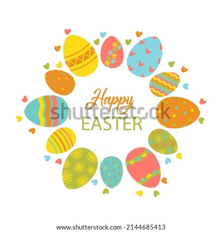 Easter wreath with Easter eggs hand drawn on white background. Easter eggs with ornaments in circle shape with various pattern