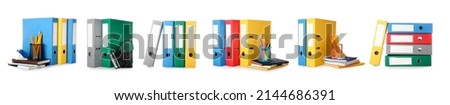 Set of many folders and stationery isolated on white Royalty-Free Stock Photo #2144686391