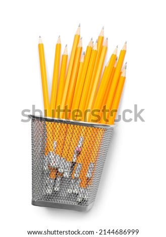 Holder with ordinary pencils on white background