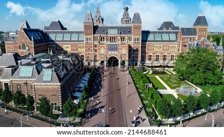 Rijksmuseum in Amsterdam, Netherlands. Aerial view of Dutch national museum in Amsterdam city. Famous place of Art with the greatest masterpieces of Rembrandt and Van Gogh. Royalty-Free Stock Photo #2144688461