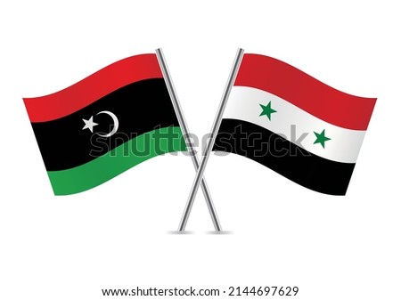 Libya and Syria crossed flags. Libyan and Syrian flags on white background. Vector icon set. Vector illustration.