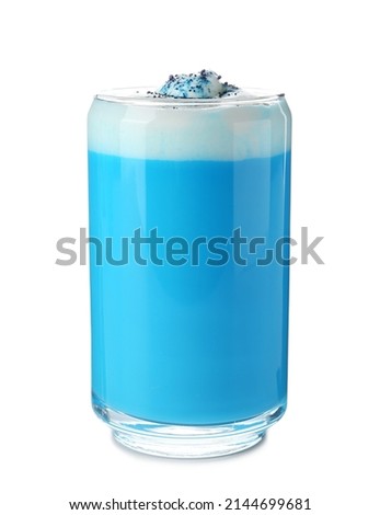 Glass of blue matcha tea isolated on white