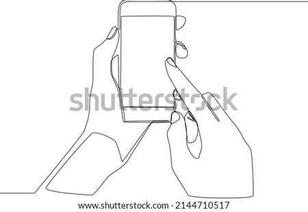 Continuous one line drawing a man holding device and touching screen. Single line draw design vector graphic illustration.