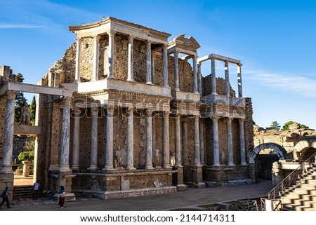 Roman Amphitheatre in Merida, Augusta Emerita in Extremadura, Spain. Roman City - Temples, Theatres, Monuments, Sculptures and Arenas Royalty-Free Stock Photo #2144714311