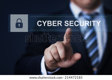 business, technology, internet and networking concept - businessman pressing cyber security button on virtual screens