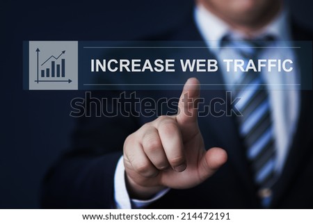 business, technology, internet and networking concept - businessman pressing increase web traffic button on virtual screens