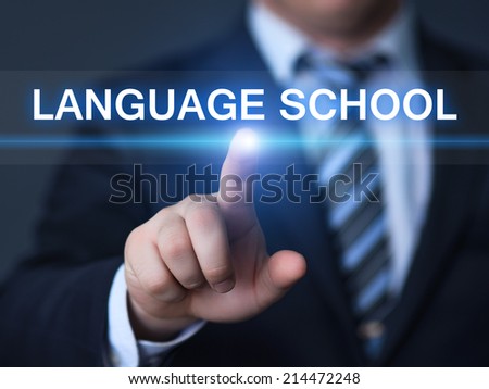 business, technology, internet and networking concept - businessman pressing language school button on virtual screens