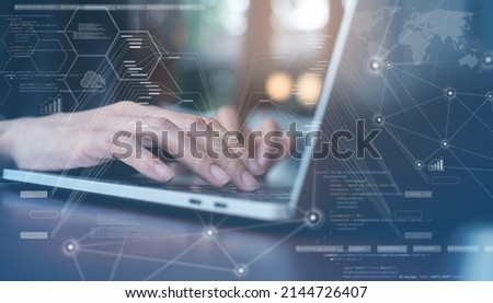 Business woman hands working on laptop computer at office with digital diagram, personal data, financial graph interfaces and internet network technology icons, virtual screen. business intelligence Royalty-Free Stock Photo #2144726407