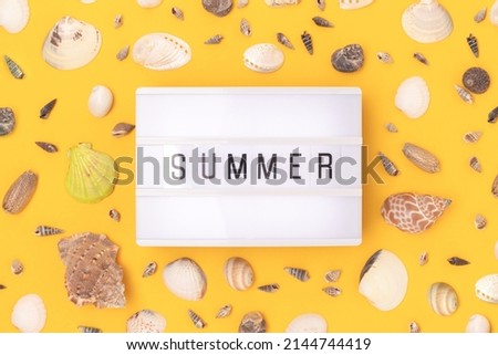 Summer - single word on a lightbox. Creative concept with seashells on a yellow background.