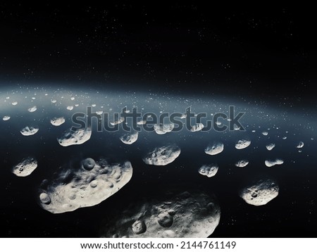 Asteroid belt in outer space. Accumulation of space rocks, large meteorites and asteroids between Mars and Jupiter.
