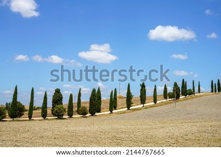Rural landscape in Val d Orcia, Tuscany, Italy, at summer Royalty-Free Stock Photo #2144767665