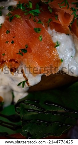 Close up filled potato macro salmon