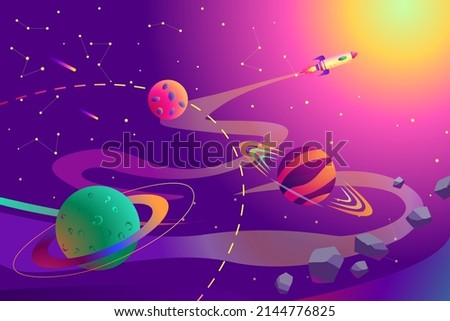 Vector image. Space, planets with orbits. Stars and meteorites. Rocket flying in space.
