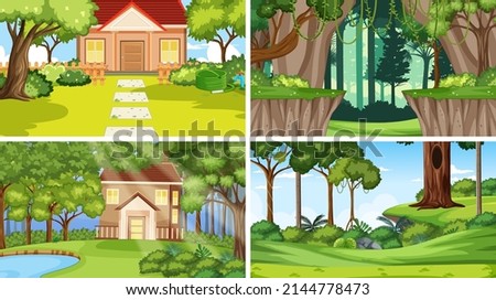 Nature scene with many trees and houses illustration