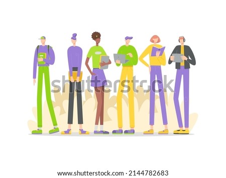 Group of multicultural modern students. Young girls and boys are holding books, tablets and laptops. Youth lifestyle. Vector flat illustration isolated on white background