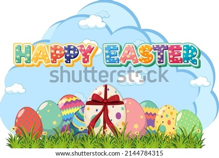 Happy Easter design with decorated eggs in garden illustration