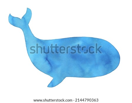 Watercolor shape of big beautiful whale with stains and brushstrokes. Hand painted watercolor graphic drawing on white, cut out clip design element for banner, poster, marine event invitation, card.