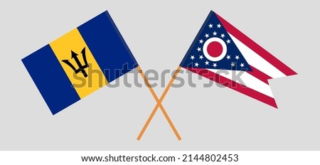 Crossed flags of Barbados and the State of Ohio. Official colors. Correct proportion. Vector illustration

