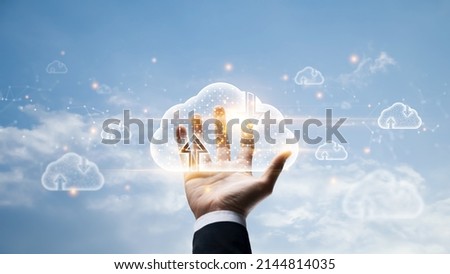 Cloud computing and online storage technologies, cloud computing and communications, connection to Internet server services for data transfer and data management on cloud sky background.