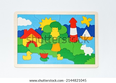 Wooden toy for baby, children isolated on white background. Mosaic with animals.
