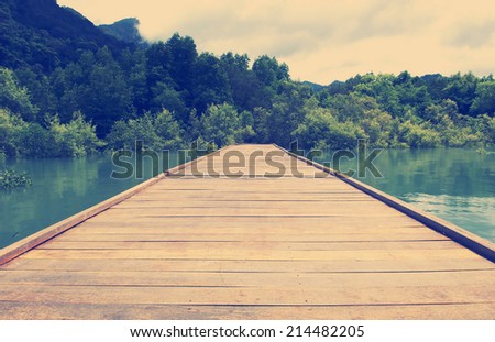 A wooden boardwalk goes off endlessly into the forest