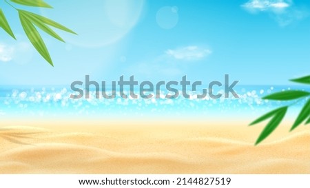 Realistic landscape of sunny beach. Sea coast with sunny sky and clouds. Beautiful summer scene with blue sky, clouds and tropical plants. Empty sea with clear horizon. 3d vector illustration. Royalty-Free Stock Photo #2144827519