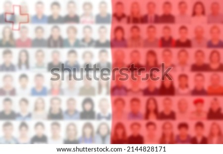 Portraits of many people in front of the Malta flag. The concept of the population and demographic state of the country.