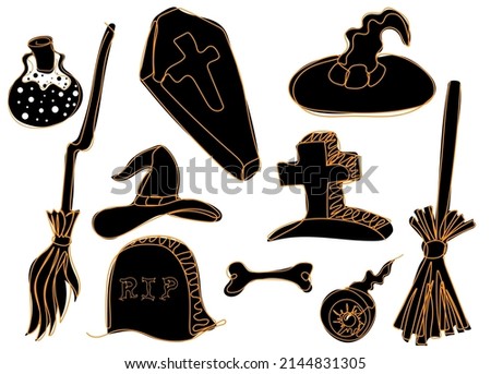 Set of halloween design elements. Broom, witch hat,  coffin,grave and others.  Traditional Halloween symbols. Continuous one line drawing vector illustration