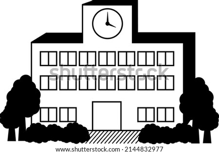monochrome illustration of a three-dimensional school, silhouette of a school building with a clock and plants