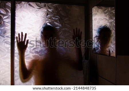 Human silhouette in bathroom box with reflection in mirror